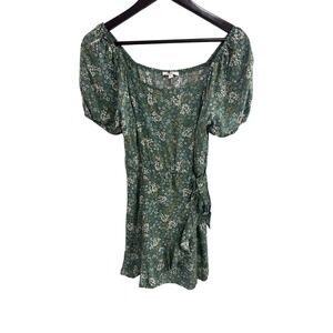 Juniors Green Floral‎ Puff Sleeve Tie Waist Dress Size Small Cottagecore Boho